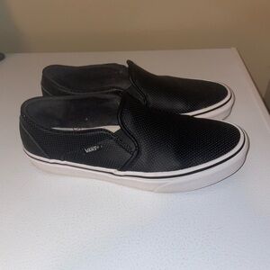 Vans Shoes Womens 7 Asher Slip On Sneakers Black Leather Round Low Top